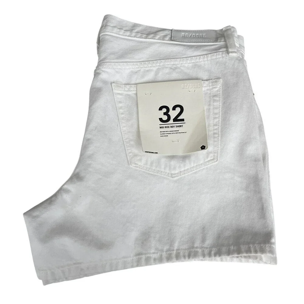 Re/Done Button Fly Mid-Rise Boy Shorts White Rigid Denim Womens 32‎ NWT - Picture 6 of 16